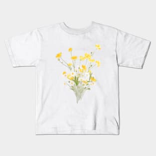 yellow buttercup and white daisy flowers bouquet ink and watercolor Kids T-Shirt